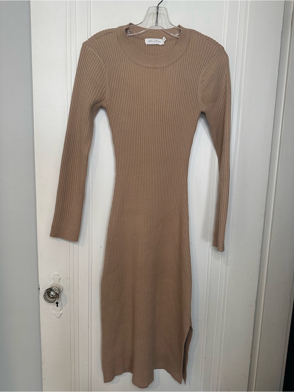 All In Favor Ribbed Longsleeve Dress Bodycon Midi Knit Small Beige